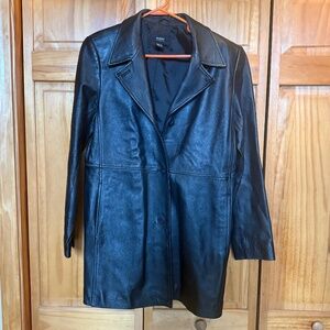 Alfani Black Genuine Leather Mid-Length Car Coat - Women's Large